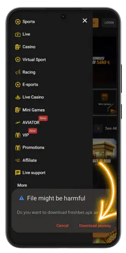 Download the Freshbet APK file on Android device