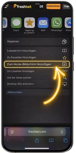 Installationsprozess der Freshbet app Verknüpfung auf dem Mobilgerät