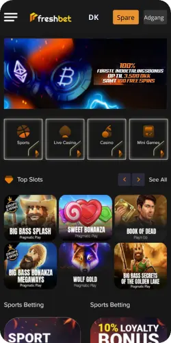 Forside med sports- og casinosektioner efter download Freshbet