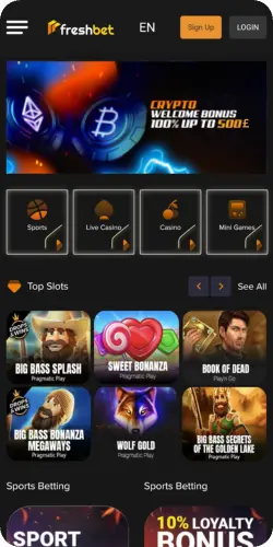 Freshbet app home page with betting and casino sections