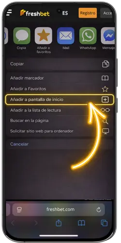 Proceso de instalación del acceso directo de la Freshbet app en un dispositivo móvil