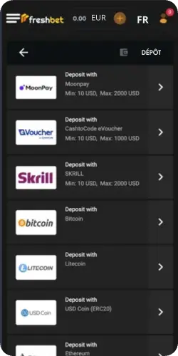 Méthodes de paiement affichées après Freshbet app télécharge