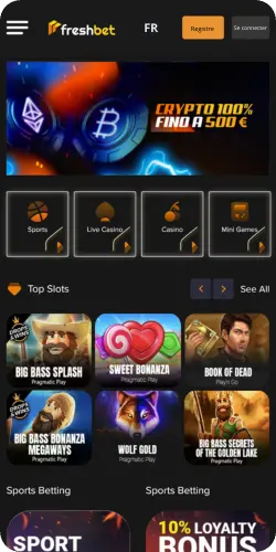 Page d'accueil de avec sections paris et casino après télécharger Freshbet