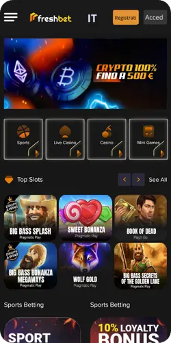 Pagina principale della Freshbet app con sezioni scommesse e casinò