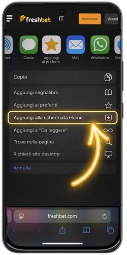 Procedura di installazione del collegamento Freshbet app su dispositivo mobile