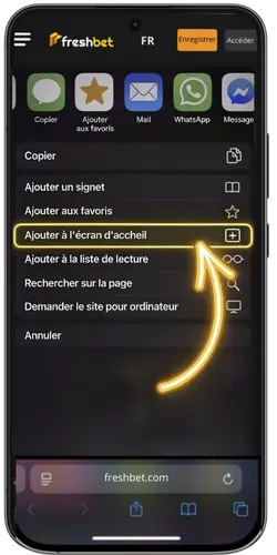 Processus d’installation du raccourci Freshbet app sur mobile