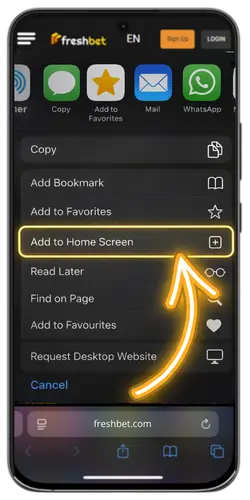 Shortcut installation Freshbet app process on mobile device