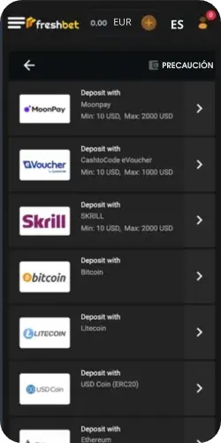 Métodos de pago de Freshbet mostrados
