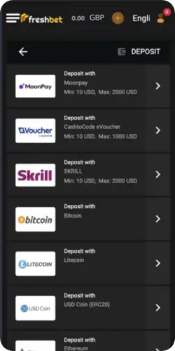 Freshbet payment methods shown