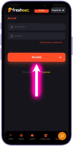 Schermata di immissione delle credenziali del modulo di accesso Freshbet