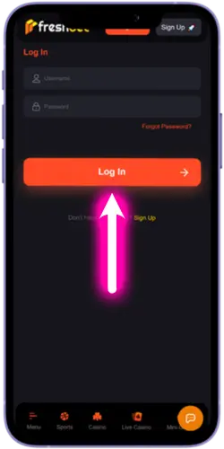 Freshbet login-formular indtastningsskærm