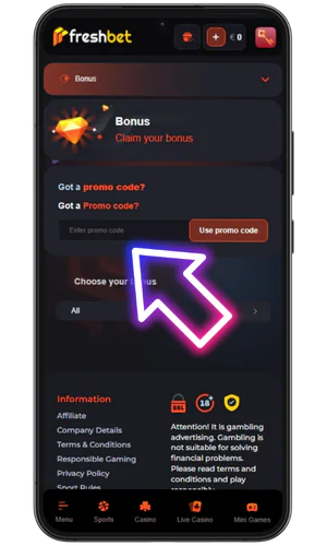 Entering a promo code Freshbet