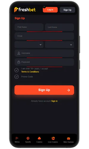 Entering personal data Freshbet