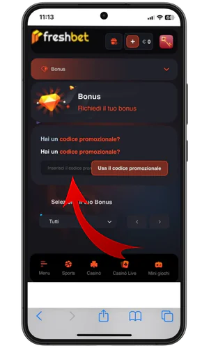 Inserimento codice-promo Freshbet