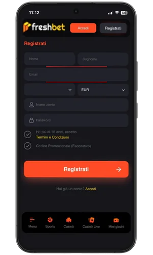 Inserimento dati personali Freshbet