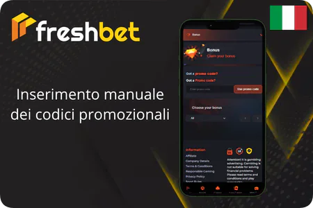 Inserimento manuale dei codici promozionali Freshbet
