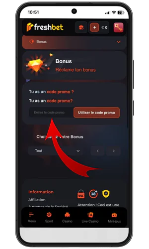 Saisie du code promo Freshbet
